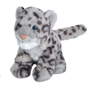 A stuffed toy resembling a mini baby snow leopard with a soft gray and white color palette.