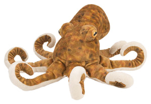 A plush toy representing a brown and white octopus with a large rounded head and eight tentacles.