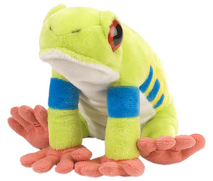 A stuffed toy resembling a red eyed tree frog with neon green body, blue stripes, and large orange toes.