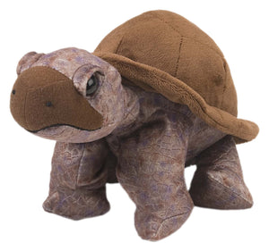 A plush toy resembling a 12 inch tortoise with a brown shell and gray body, designed with realistic details.