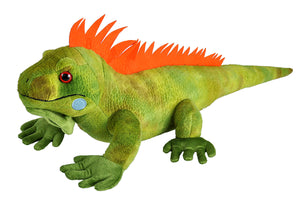 A plush toy resembling a green iguana with orange spikes on its back, designed for children.