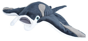 A plush toy resembling a manta ray with a predominantly gray body, white underbelly, and black accents on the wings.