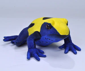 A plush toy depicting a dart frog with blue and yellow coloring, sitting upright.