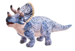 A soft plush toy resembling a Triceratops dinosaur with blue and beige colors and realistic details.