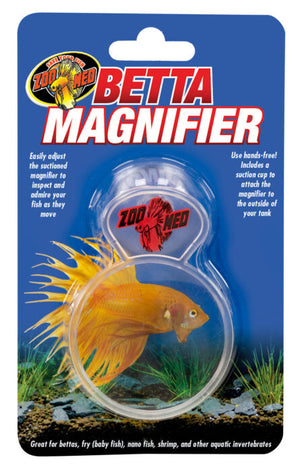 Packaging of Zoo Med Betta Magnifier with a picture of a yellow fish on the front, and the product details mentioned as 'Magnifying Glass' for viewing fish in aquariums.