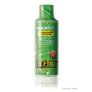 A bottle of ExoTerra Aquatize Water Conditioner for reptile and amphibian terrariums.