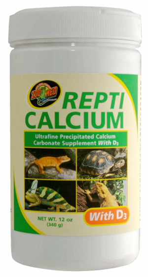 Zoo Med Repti Calcium supplement container with images of reptiles on a white background